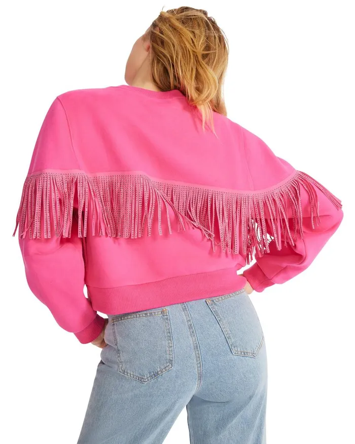 Steve Madden Rhinestone Fringe Crew Neck Hot Pink Womens Tops