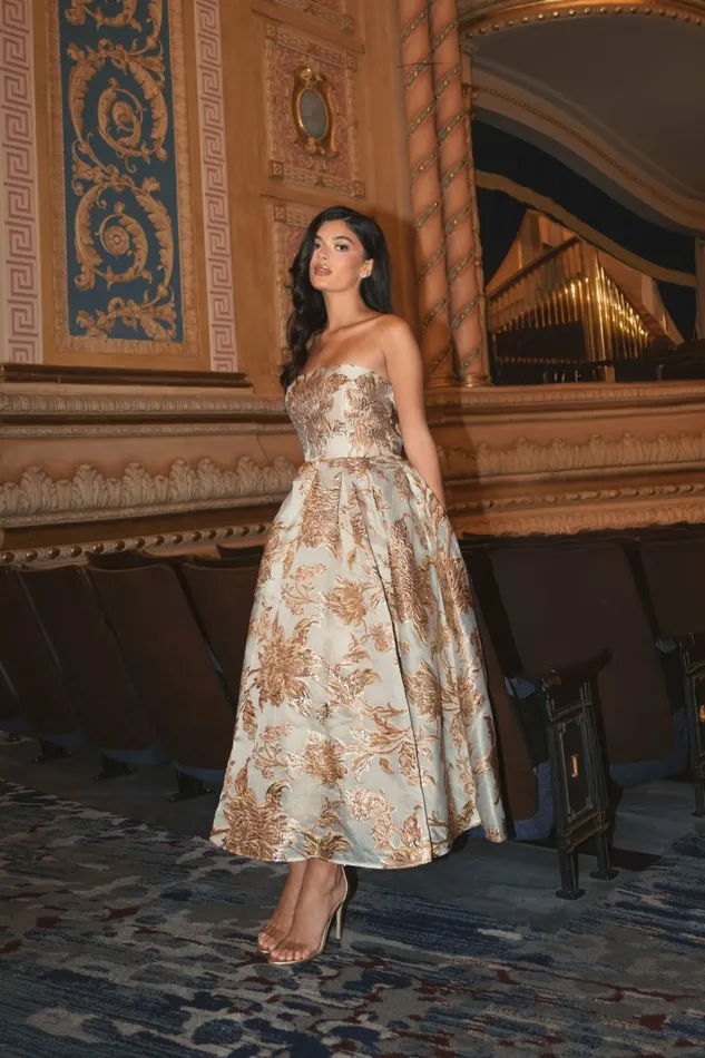 Strapless Brocade Midi Dress with Pockets Bronze Women Best Sellers Mac Duggal Strapless Brocade Midi Dress with Pockets Bronze Women Best Sellers Mac Duggal