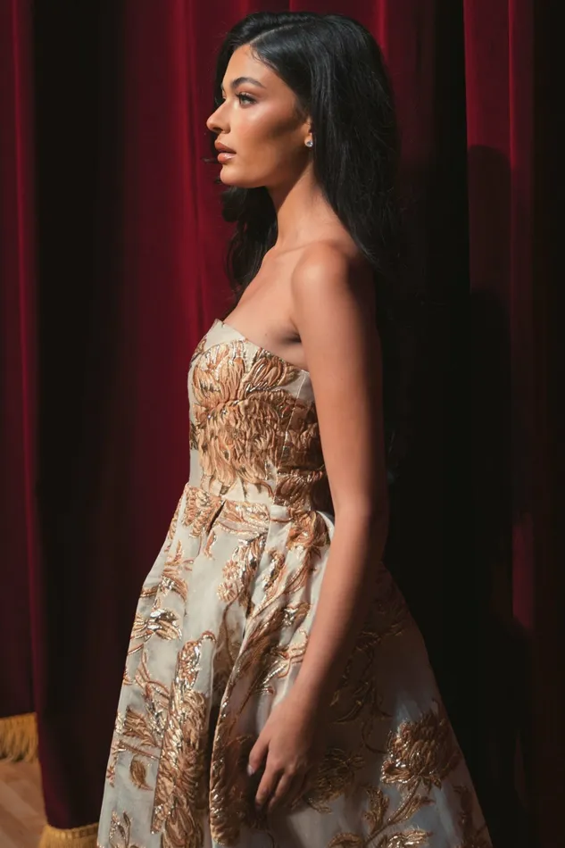 Strapless Brocade Midi Dress with Pockets Bronze Women Best Sellers Mac Duggal Strapless Brocade Midi Dress with Pockets Bronze Women Best Sellers Mac Duggal