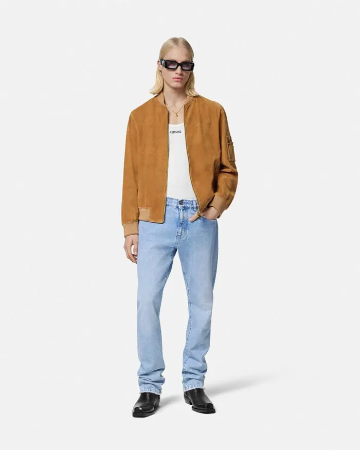 Suede Bomber Jacket Brown Men Versace Jackets and Coats