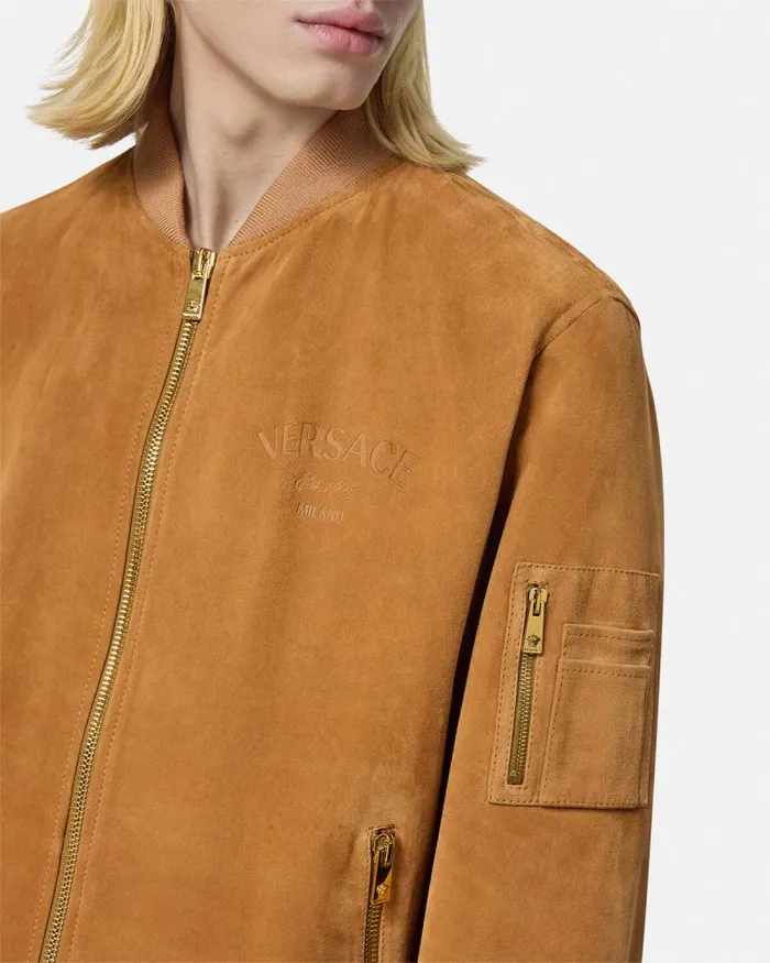 Suede Bomber Jacket Brown Men Versace Jackets and Coats