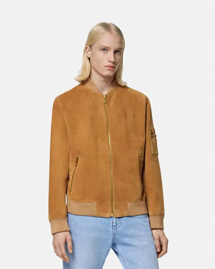 Suede Bomber Jacket Brown Men Versace Jackets and Coats