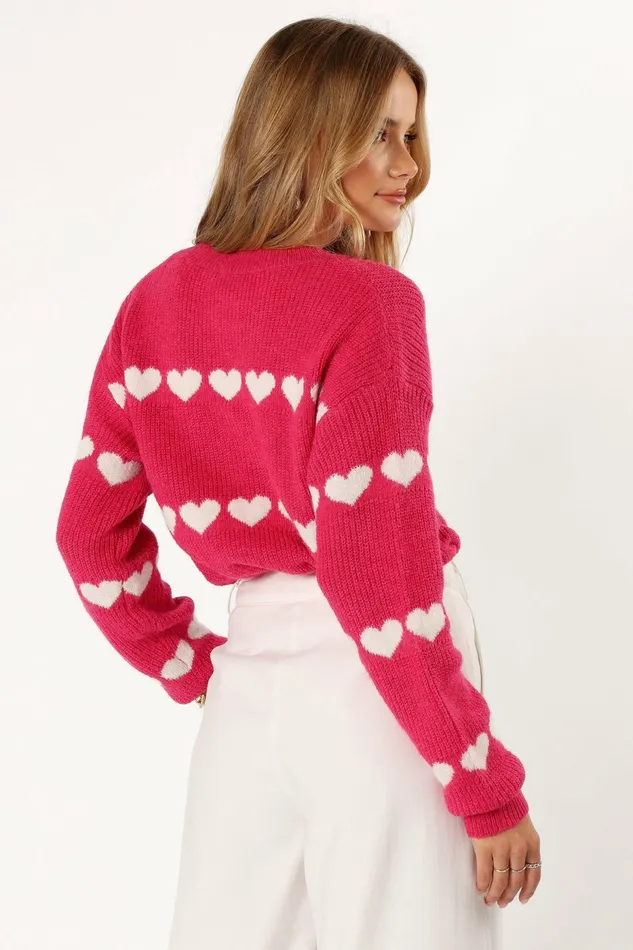 Sweaters Petal and Pup Women Dakotah Heart Stripe Knit Sweater Fuchsia White