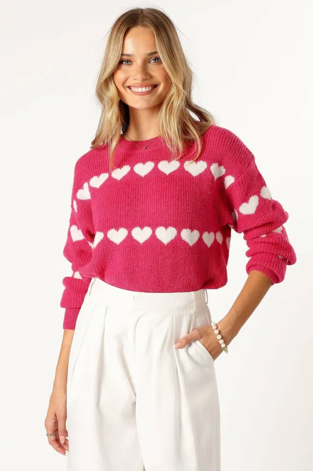Sweaters Petal and Pup Women Dakotah Heart Stripe Knit Sweater Fuchsia White