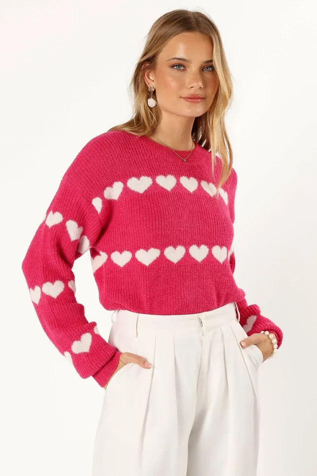 Sweaters Petal and Pup Women Dakotah Heart Stripe Knit Sweater Fuchsia White