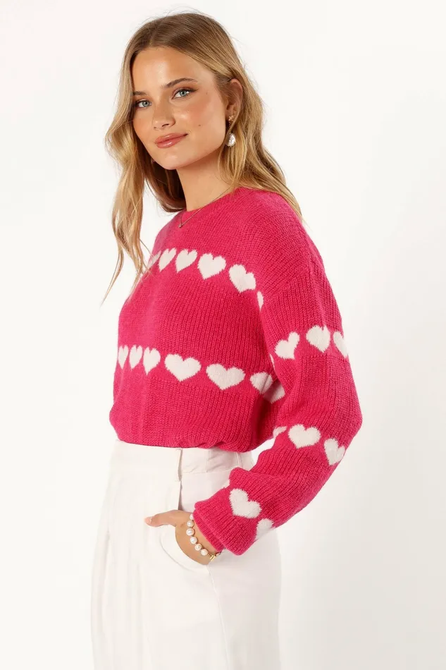 Sweaters Petal and Pup Women Dakotah Heart Stripe Knit Sweater Fuchsia White