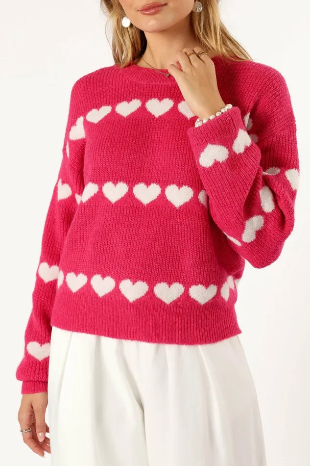 Sweaters Petal and Pup Women Dakotah Heart Stripe Knit Sweater Fuchsia White