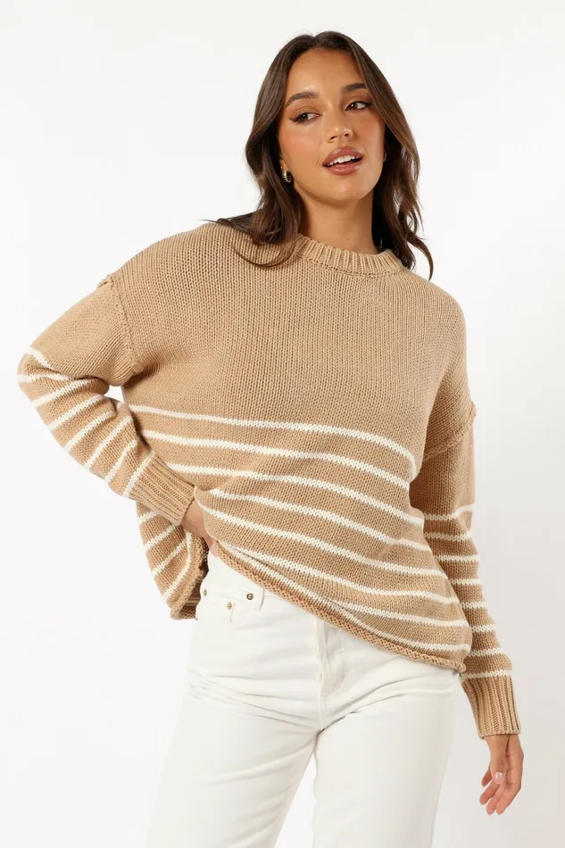 Sweaters Tenzie Stripe Knit Sweater Mocha Cream 8211 Petal and Pup Women