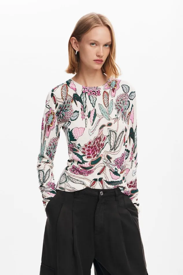 Sweaters Women Desigual Sweater With Floral Details White