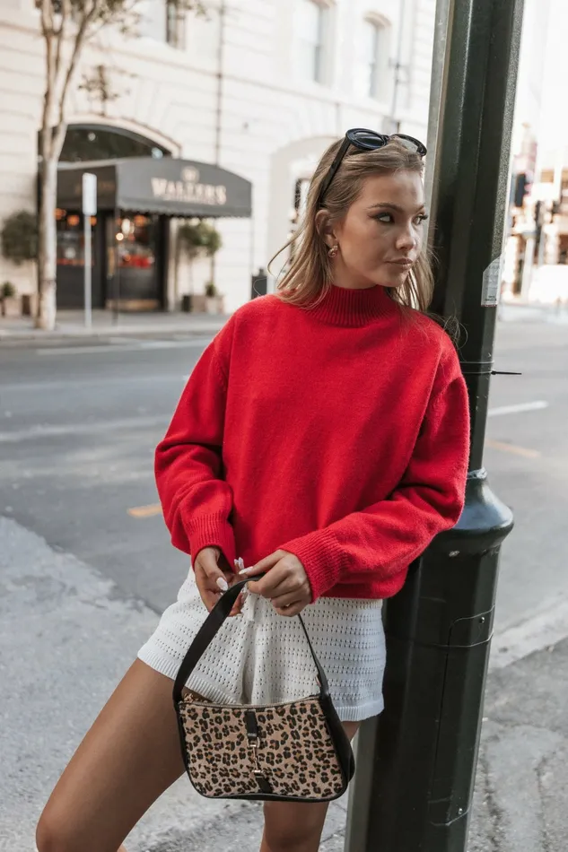 Sweaters Women Luda Mockneck Knit Sweater Red Petal and Pup