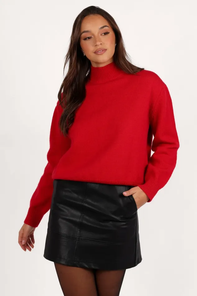 Sweaters Women Luda Mockneck Knit Sweater Red Petal and Pup