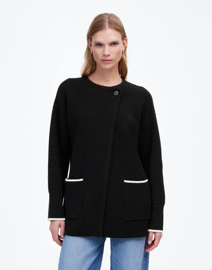 Sweaters Women Madewell Merino WoolBlend Scarf Sweater Jacket Black Combo
