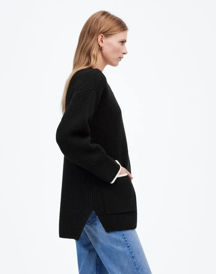 Sweaters Women Madewell Merino WoolBlend Scarf Sweater Jacket Black Combo