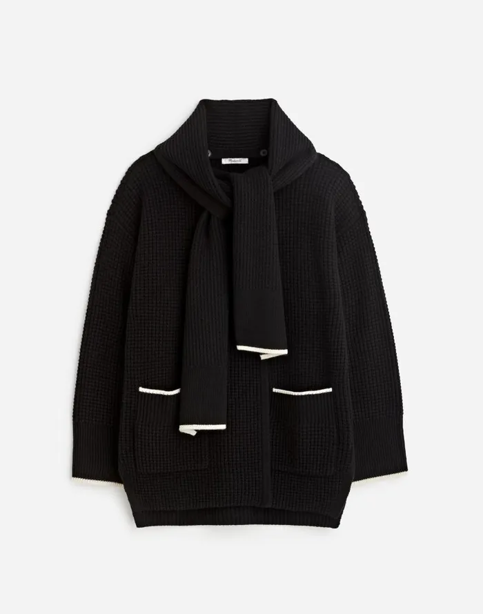 Sweaters Women Madewell Merino WoolBlend Scarf Sweater Jacket Black Combo