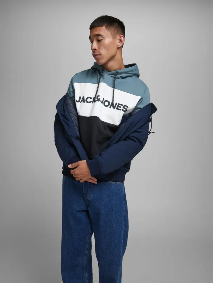 Sweatshirts JACK and JONES Mens COLOUR BLOCK LOGO HOODIE Blue China Blue Popular