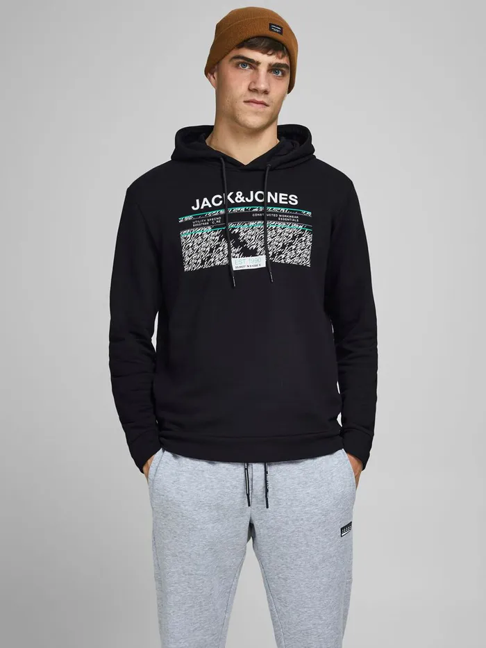 Sweatshirts JACK and JONES Mens LOGO HOODIE Black Black Popular