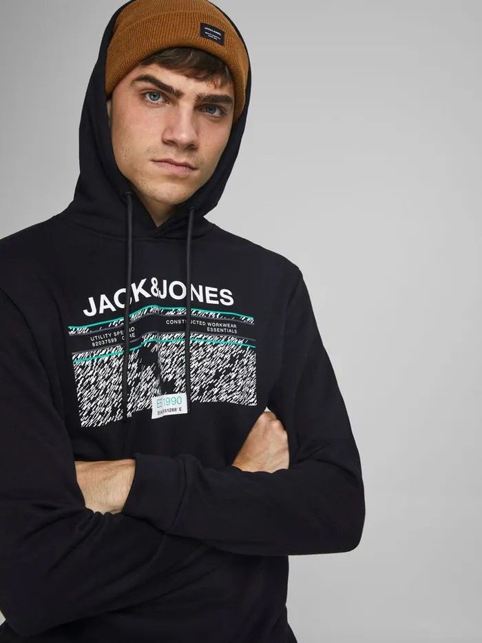 Sweatshirts JACK and JONES Mens LOGO HOODIE Black Black Popular