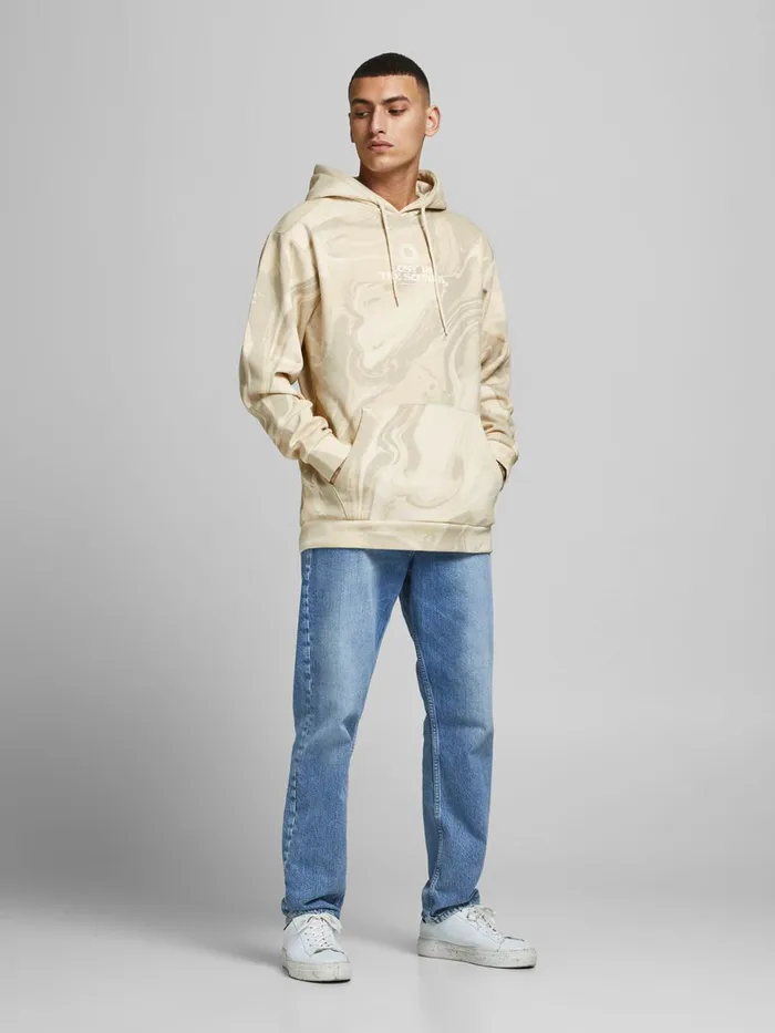 Sweatshirts JACK and JONES Mens LOOPBACK KANGAROO POCKET HOODIE Beige Crockery Casaul