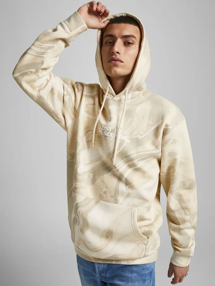Sweatshirts JACK and JONES Mens LOOPBACK KANGAROO POCKET HOODIE Beige Crockery Casaul