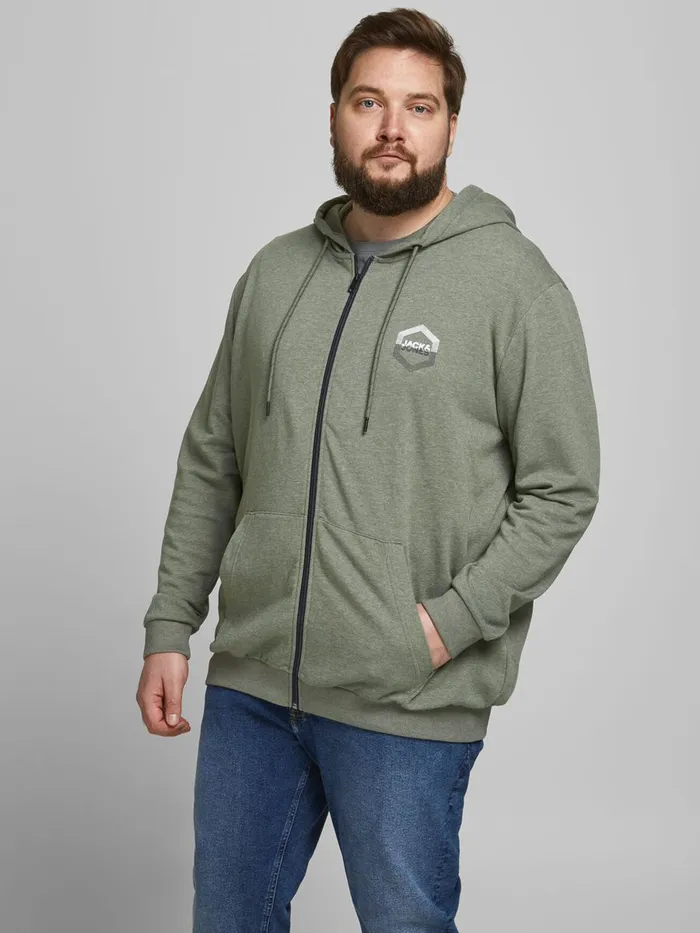 Sweatshirts JACK and JONES Mens LOOPBACK ZIP PLUS SIZE HOODIE Green Dusty Olive Gift for Friend