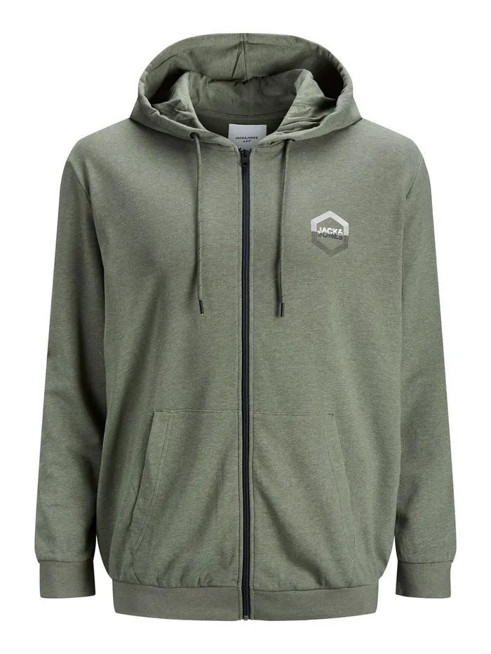 Sweatshirts JACK and JONES Mens LOOPBACK ZIP PLUS SIZE HOODIE Green Dusty Olive Gift for Friend