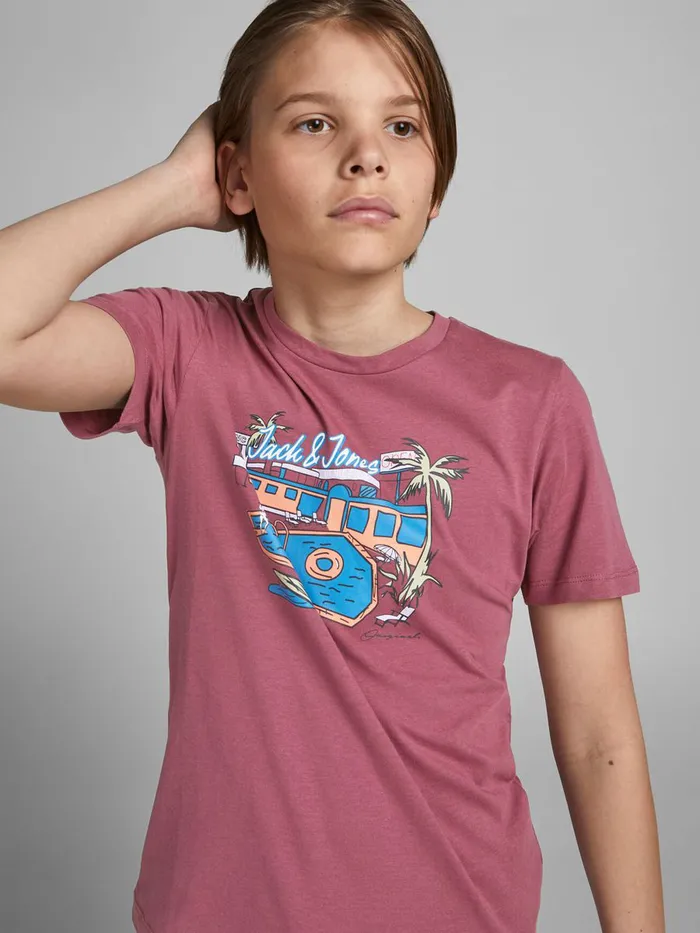 Tshirts JACK and JONES Junior BOYS TROPICAL PRINT TSHIRT Pink Hawthorn Rose Casaul
