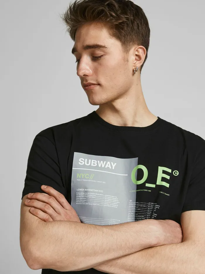 Tshirts JACK and JONES Mens NYC SUBWAY PRINT TSHIRT Black Black Casaul