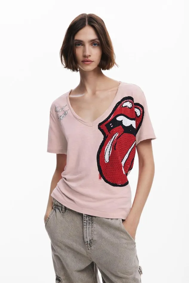 TShirts Women Desigual Rhinestone The Rolling Stones Tshirt Red