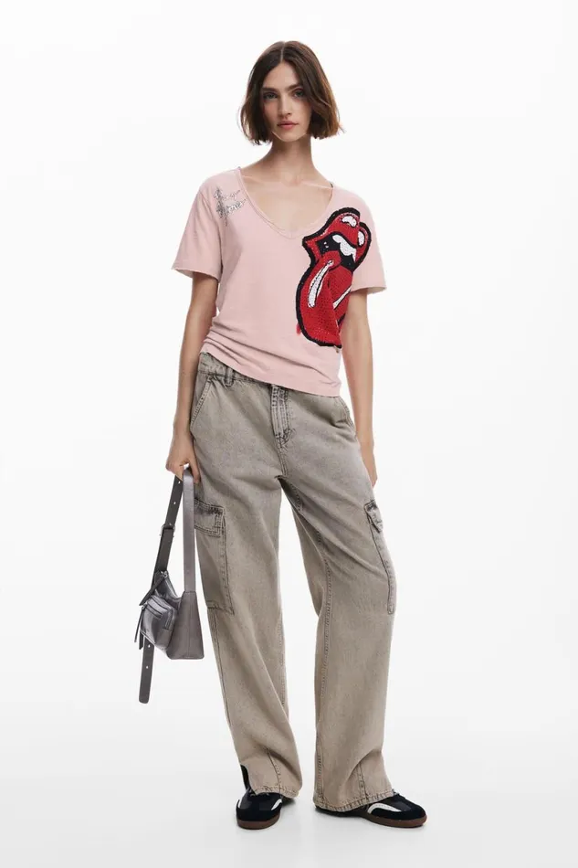 TShirts Women Desigual Rhinestone The Rolling Stones Tshirt Red