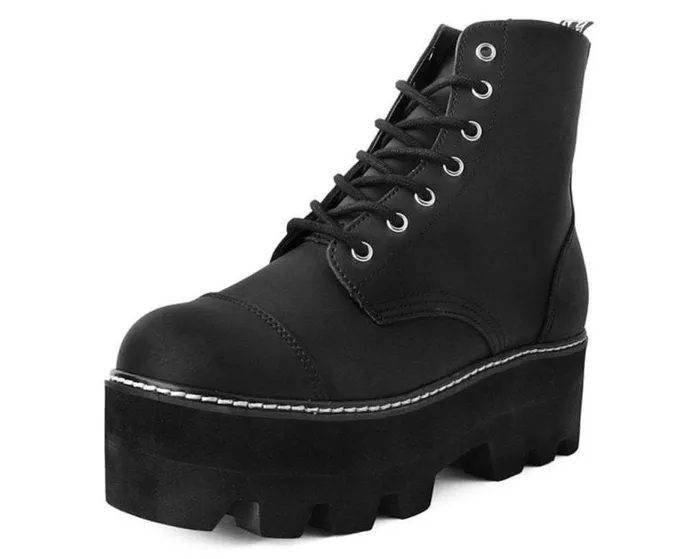 TUK Shoes Boots Women Black Faux Leather 7Eyelet Dino Lug Sole Boots