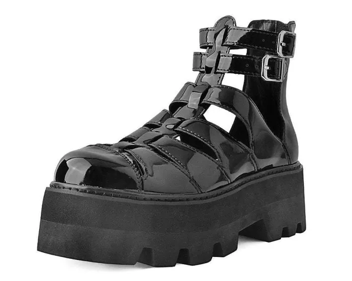 TUK Shoes Boots Women Black Patent Gladiator Dino Lug Sandal