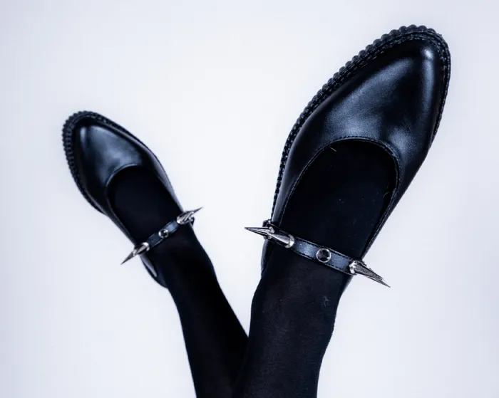TUK Shoes Mary Janes Women Black Vegan Tukskin Spike Strap Pointed Mule Creeper Shoe TUK Shoes Mary Janes Women Black Vegan Tukskin Spike Strap Pointed Mule Creeper Shoe
