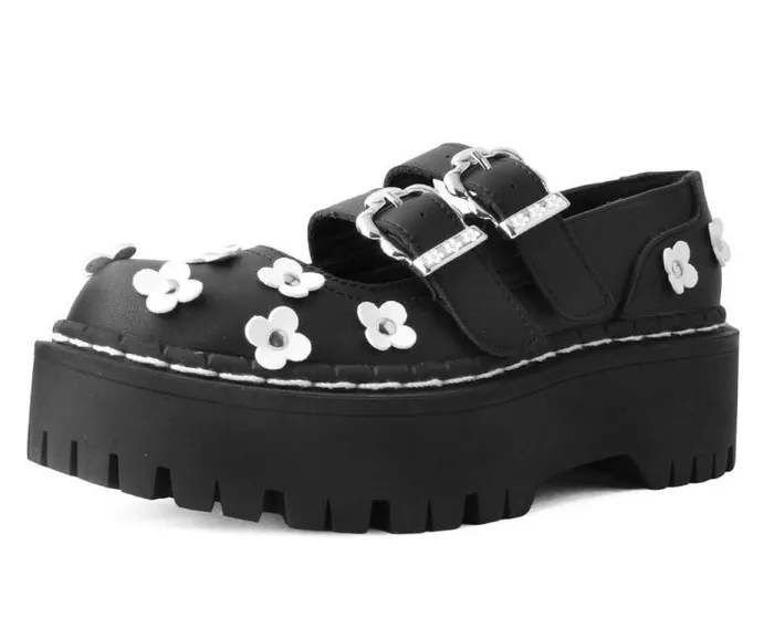 TUK Shoes Platforms Women Black and White TUKskin Flower Double Decker Mary Jane TUK Shoes Platforms Women Black and White TUKskin Flower Double Decker Mary Jane