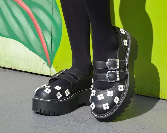 TUK Shoes Platforms Women Black and White TUKskin Flower Double Decker Mary Jane TUK Shoes Platforms Women Black and White TUKskin Flower Double Decker Mary Jane