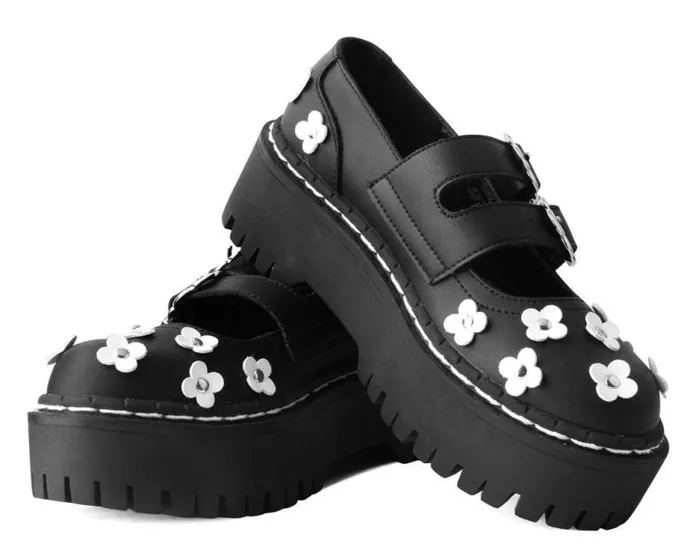 TUK Shoes Platforms Women Black and White TUKskin Flower Double Decker Mary Jane TUK Shoes Platforms Women Black and White TUKskin Flower Double Decker Mary Jane