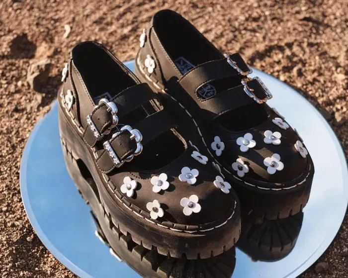 TUK Shoes Platforms Women Black and White TUKskin Flower Double Decker Mary Jane TUK Shoes Platforms Women Black and White TUKskin Flower Double Decker Mary Jane