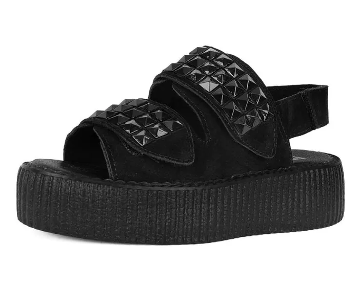 TUK Shoes Platforms Women Black Suede Velcro Studded Sandal
