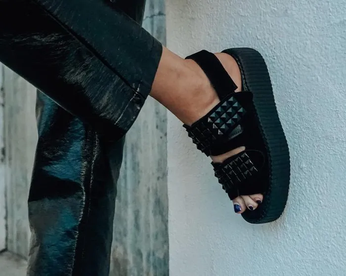 TUK Shoes Platforms Women Black Suede Velcro Studded Sandal TUK Shoes Platforms Women Black Suede Velcro Studded Sandal