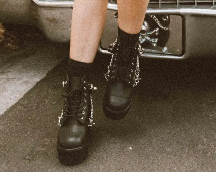 TUK Shoes Platforms Women Black Vegan 7Eye Chain and Strap Dino Lug Creeper Boot TUK Shoes Platforms Women Black Vegan 7Eye Chain and Strap Dino Lug Creeper Boot