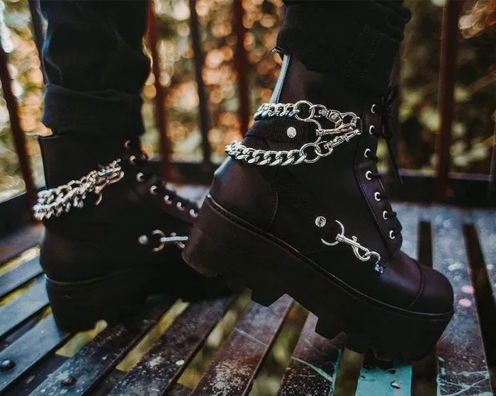 TUK Shoes Platforms Women Black Vegan 7Eye Chain and Strap Dino Lug Creeper Boot TUK Shoes Platforms Women Black Vegan 7Eye Chain and Strap Dino Lug Creeper Boot