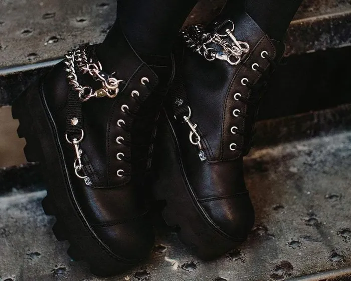 TUK Shoes Platforms Women Black Vegan 7Eye Chain and Strap Dino Lug Creeper Boot TUK Shoes Platforms Women Black Vegan 7Eye Chain and Strap Dino Lug Creeper Boot