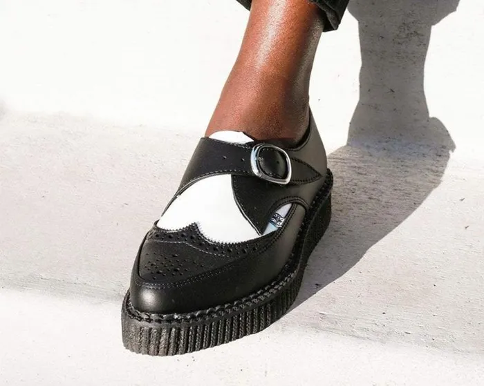 TUK Shoes Vegan Men Black and White Vegan TUKskin Wing Buckle Pointed Creeper TUK Shoes Vegan Men Black and White Vegan TUKskin Wing Buckle Pointed Creeper