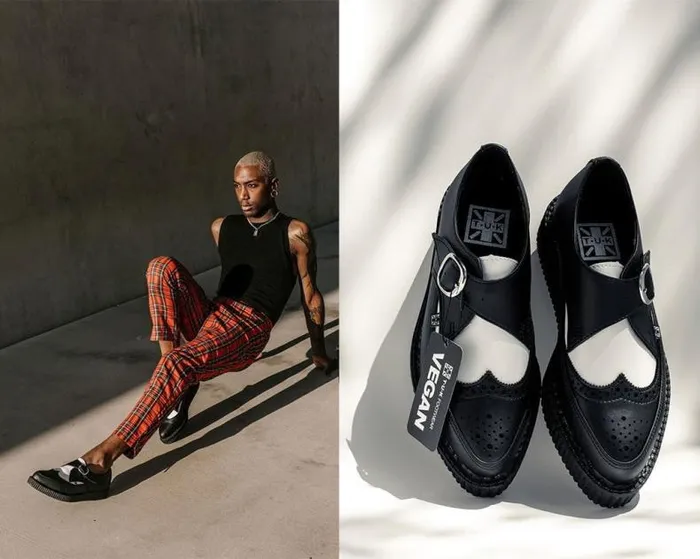 TUK Shoes Vegan Men Black and White Vegan TUKskin Wing Buckle Pointed Creeper TUK Shoes Vegan Men Black and White Vegan TUKskin Wing Buckle Pointed Creeper