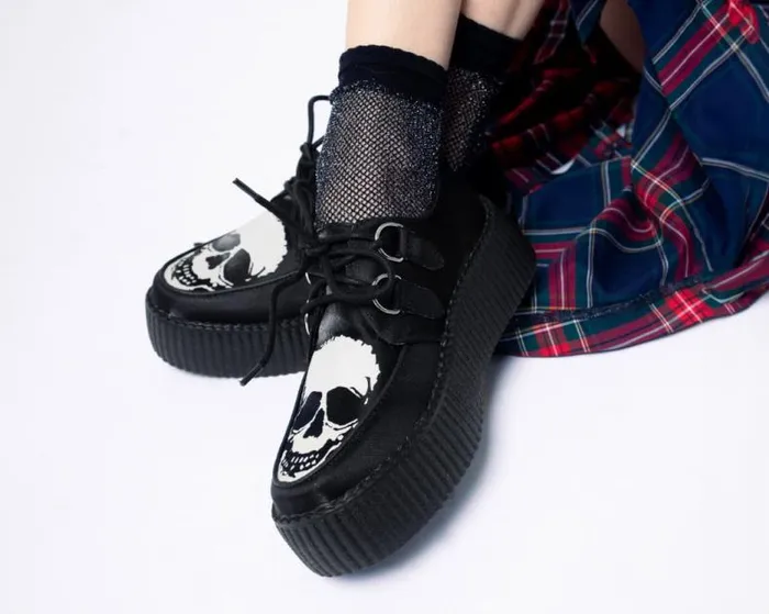 TUK Shoes Vegan Men Black Satin Glow Skull Viva Mondo Creeper TUK Shoes Vegan Men Black Satin Glow Skull Viva Mondo Creeper