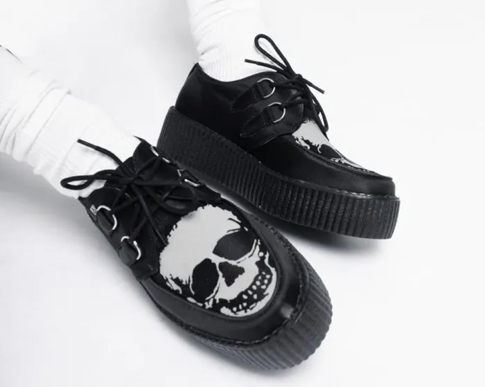 TUK Shoes Vegan Men Black Satin Glow Skull Viva Mondo Creeper TUK Shoes Vegan Men Black Satin Glow Skull Viva Mondo Creeper