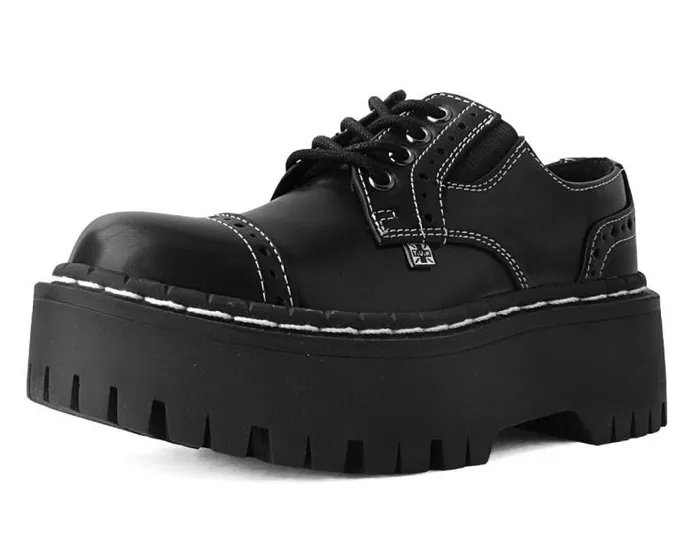 TUK Shoes Vegan Women Black Burnished Contrast Stitch Double Decker Brogue