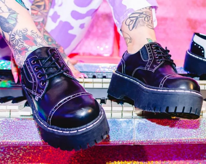 TUK Shoes Vegan Women Black Burnished Contrast Stitch Double Decker Brogue TUK Shoes Vegan Women Black Burnished Contrast Stitch Double Decker Brogue