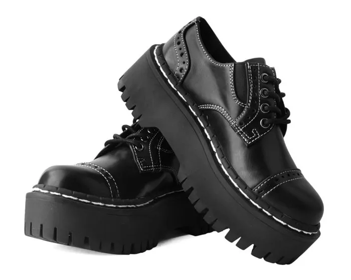 TUK Shoes Vegan Women Black Burnished Contrast Stitch Double Decker Brogue TUK Shoes Vegan Women Black Burnished Contrast Stitch Double Decker Brogue