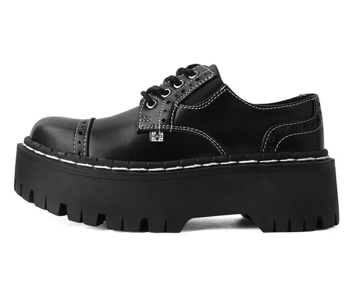 TUK Shoes Vegan Women Black Burnished Contrast Stitch Double Decker Brogue TUK Shoes Vegan Women Black Burnished Contrast Stitch Double Decker Brogue