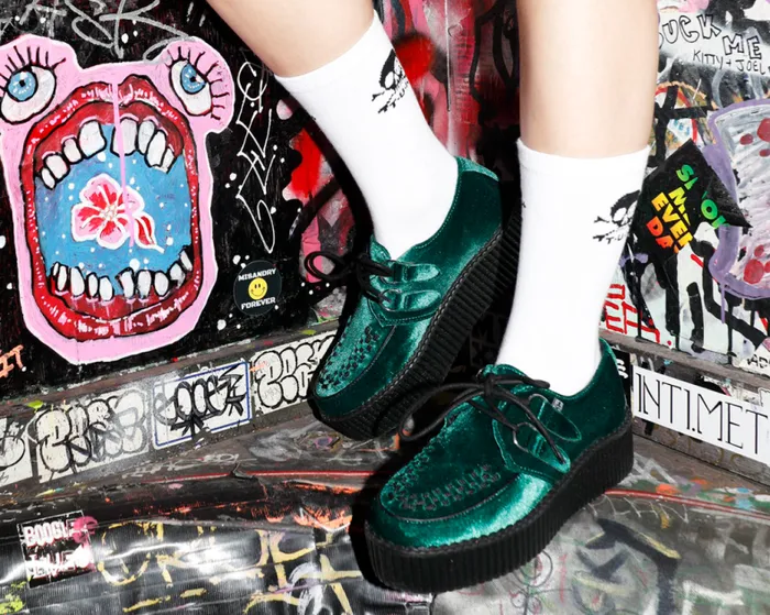 TUK Shoes Vegan Women Emerald Green Velvet Vegan Round Toe Viva Mondo Creeper TUK Shoes Vegan Women Emerald Green Velvet Vegan Round Toe Viva Mondo Creeper